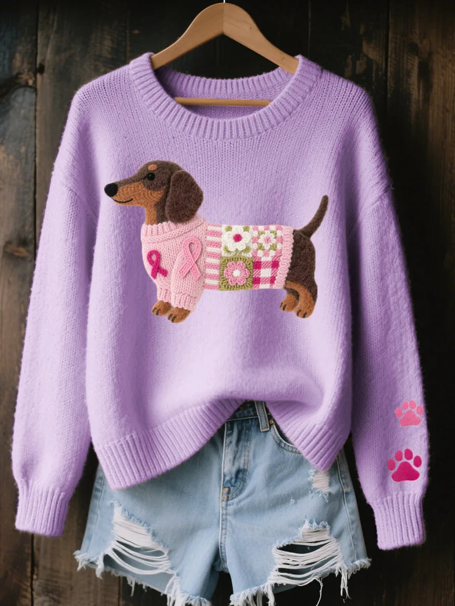 Lilac knitted jumper showing the dachshund appliqué with a floral patchwork panel and pink ribbon detail