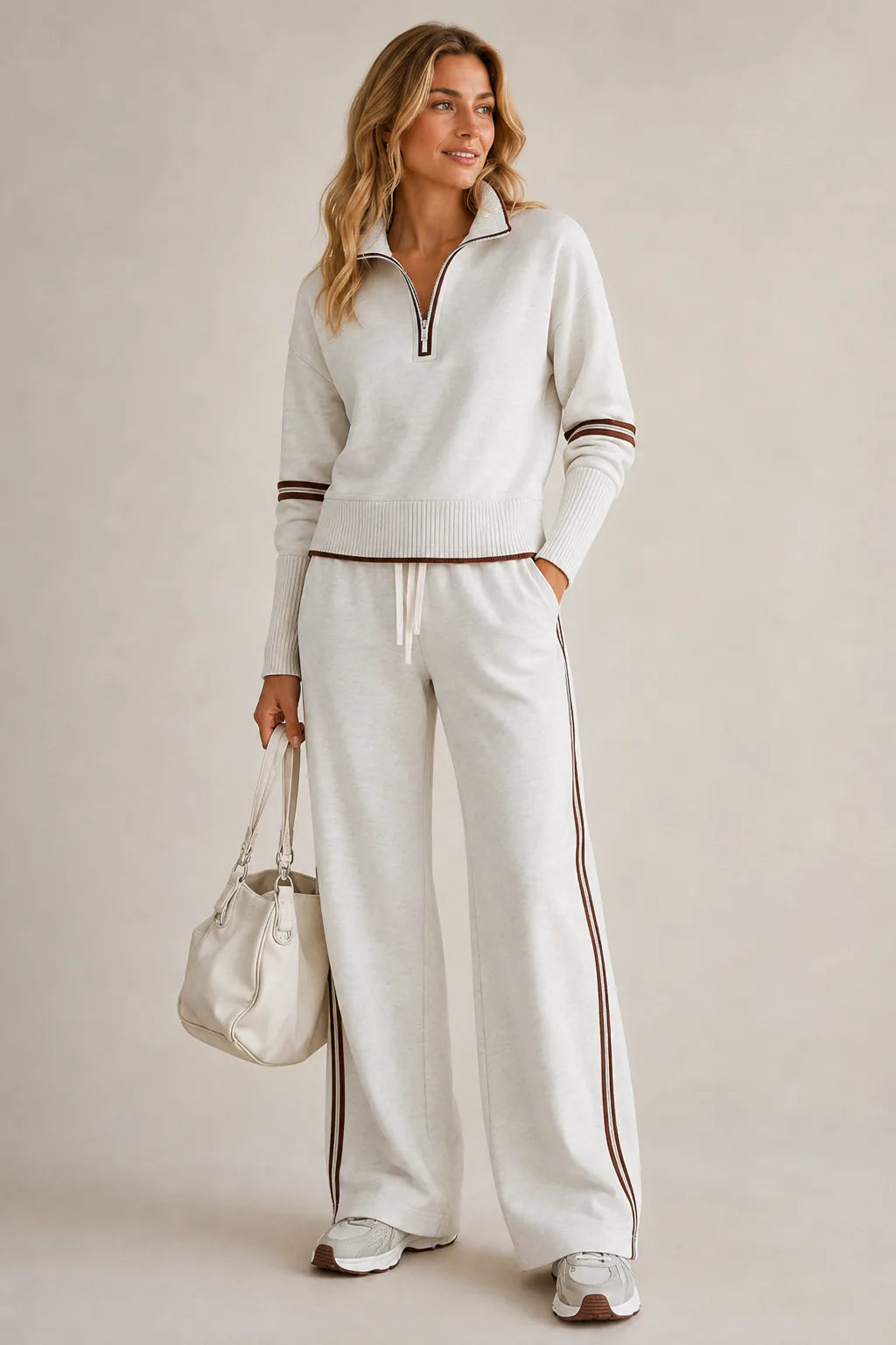 Woman wearing an oatmeal marl quarter-zip jumper and wide-leg trousers with brown stripe trim and white trainers