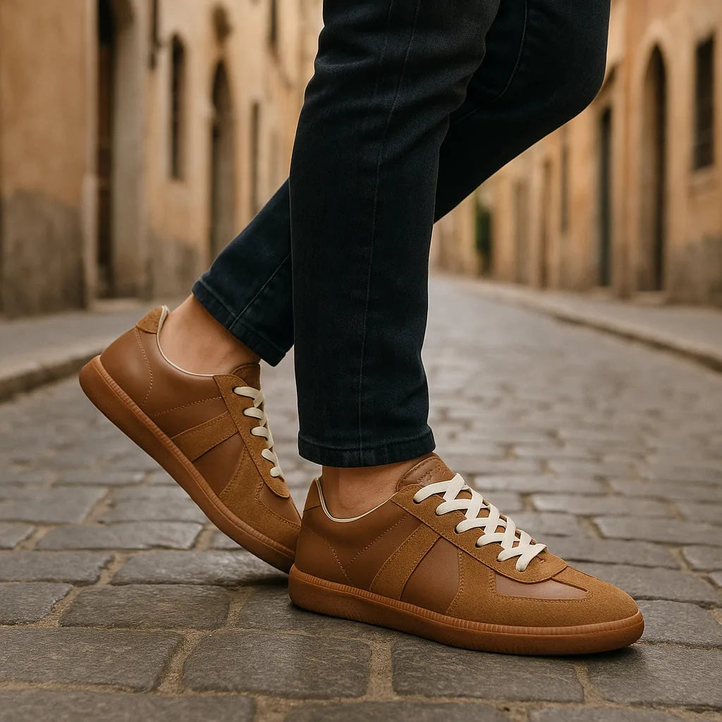 Close-up side profile of a model wearing tan trainers with cream laces, styled with dark jeans on a cobbled street