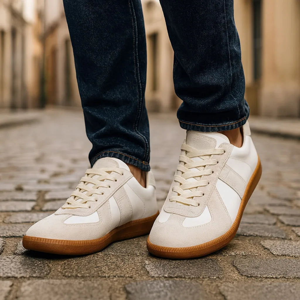 Front-on close-up of off-white suede and leather trainers worn with dark jeans on a cobbled street