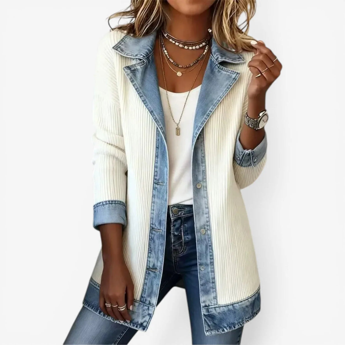 Cream ribbed knit jacket with denim collar, cuffs and hem worn open over a white top and jeans
