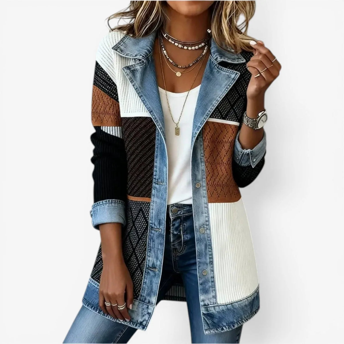 Colourblock knit jacket with denim collar mixing cream, black, tan and diamond-pattern panels