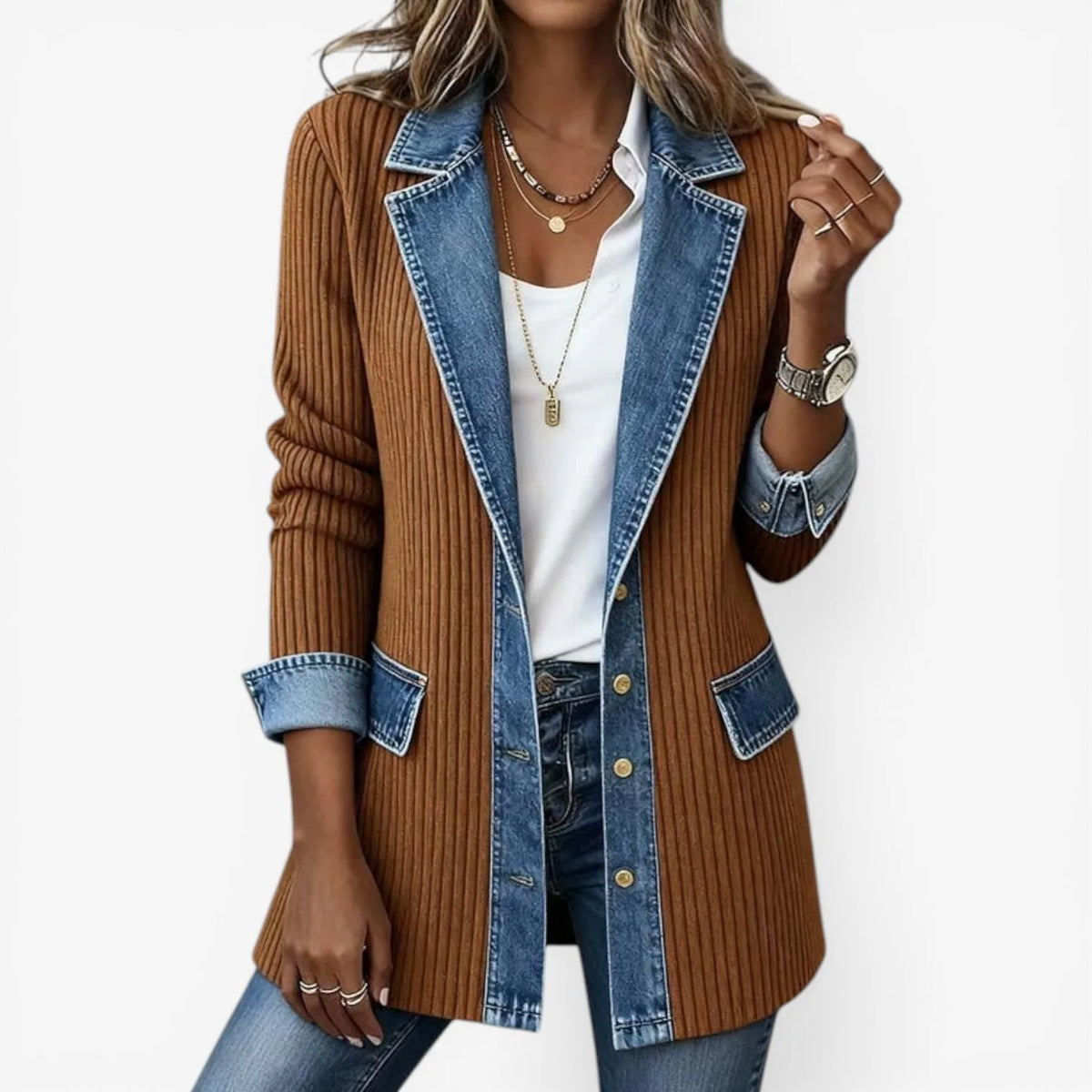 Rust brown ribbed knit jacket with denim lapel, cuffs and flap pockets worn open