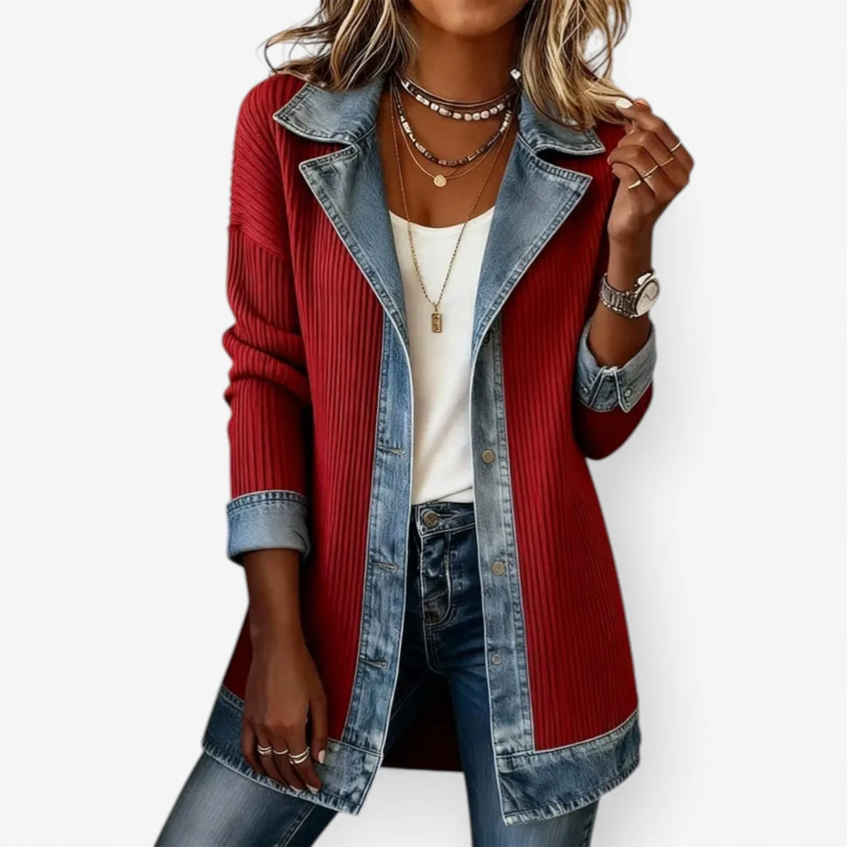 Deep red ribbed knit jacket with denim collar, cuffs and hem trim over jeans