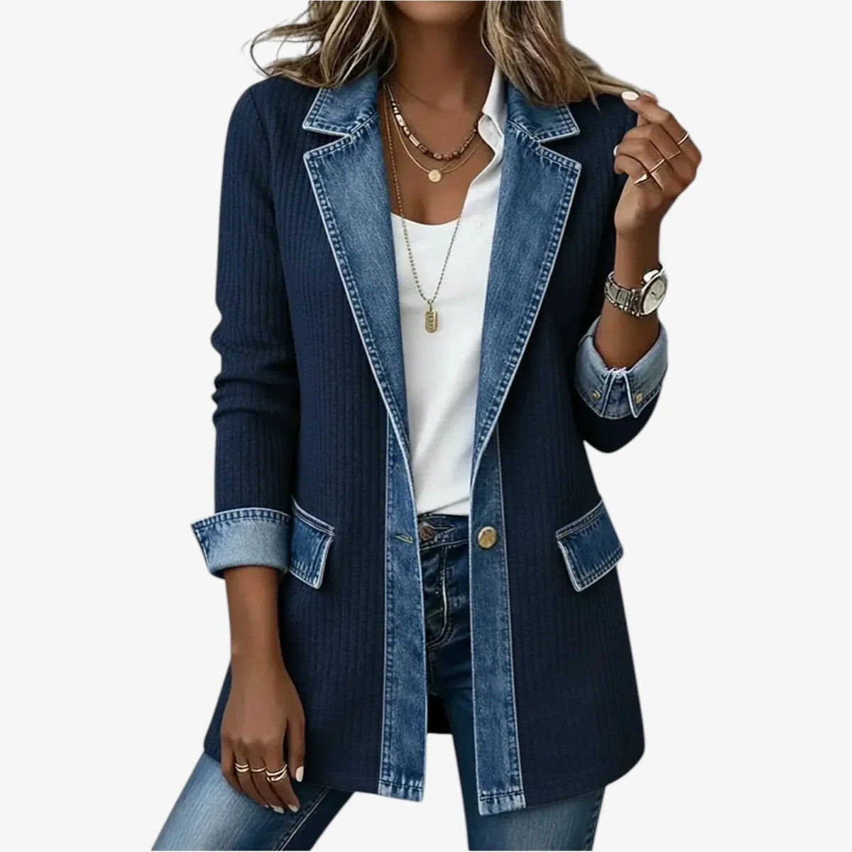 Navy blue ribbed knit jacket with matching denim-tone collar and cuffs, front view