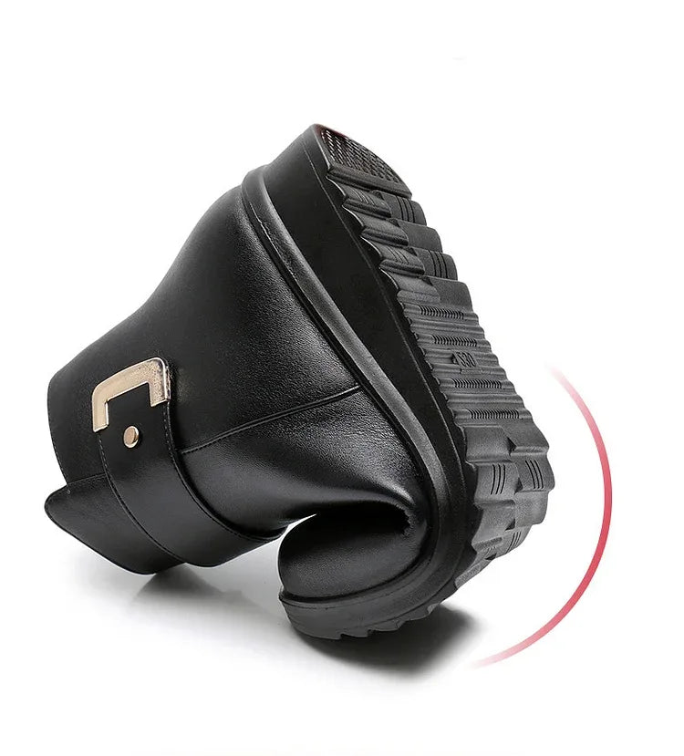 Sole and heel view of a black ankle boot showing the deep-grip wedge outsole and stacked heel construction