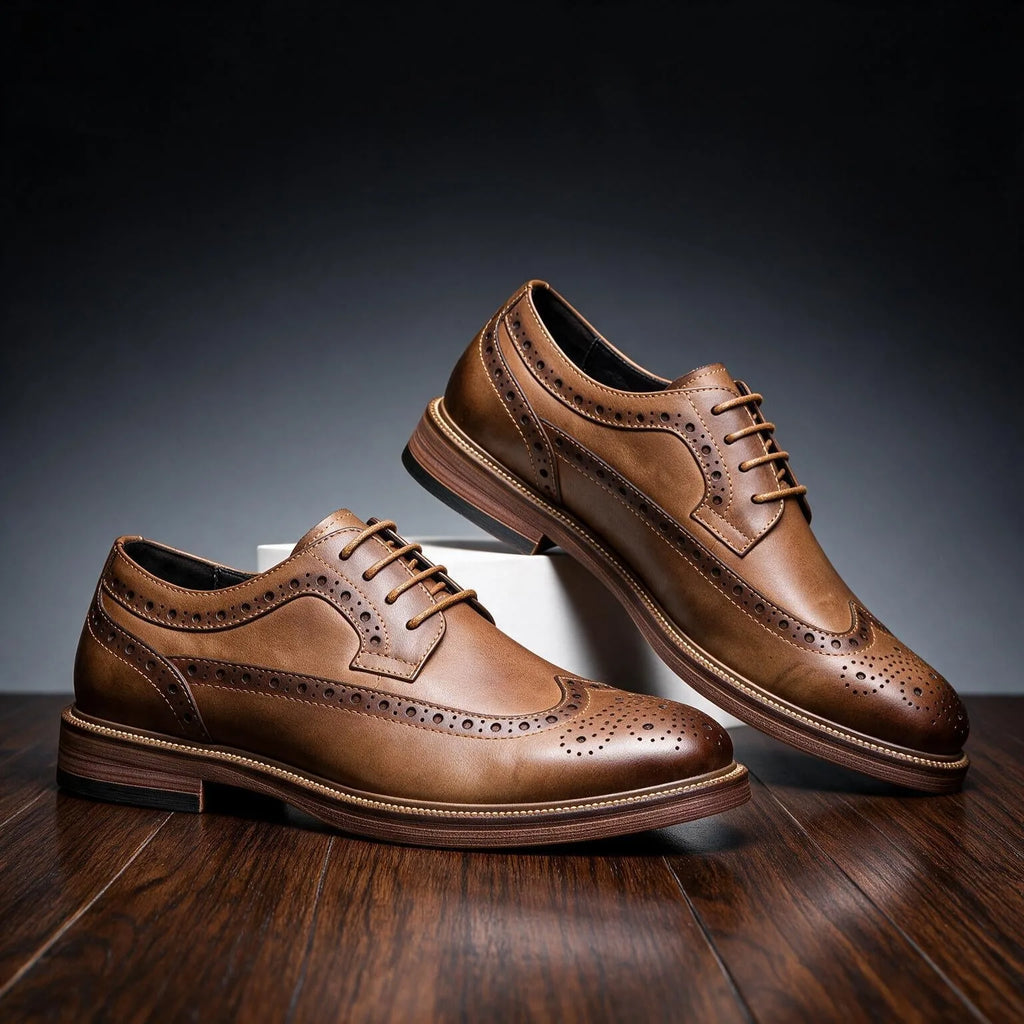 Overhead angle of the tan brown brogue derby shoe emphasising the smooth leather grain and sole layers