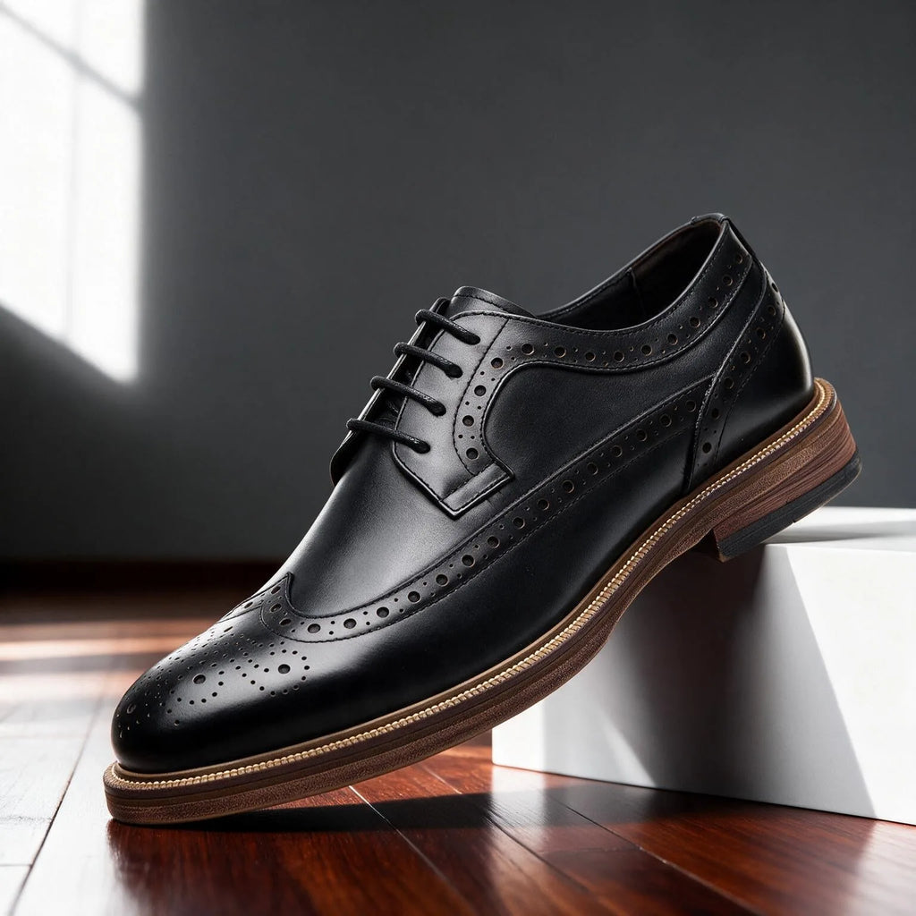 Sleek black leather wingtip brogue derby shoe in side profile with black laces and a stacked leather-look sole