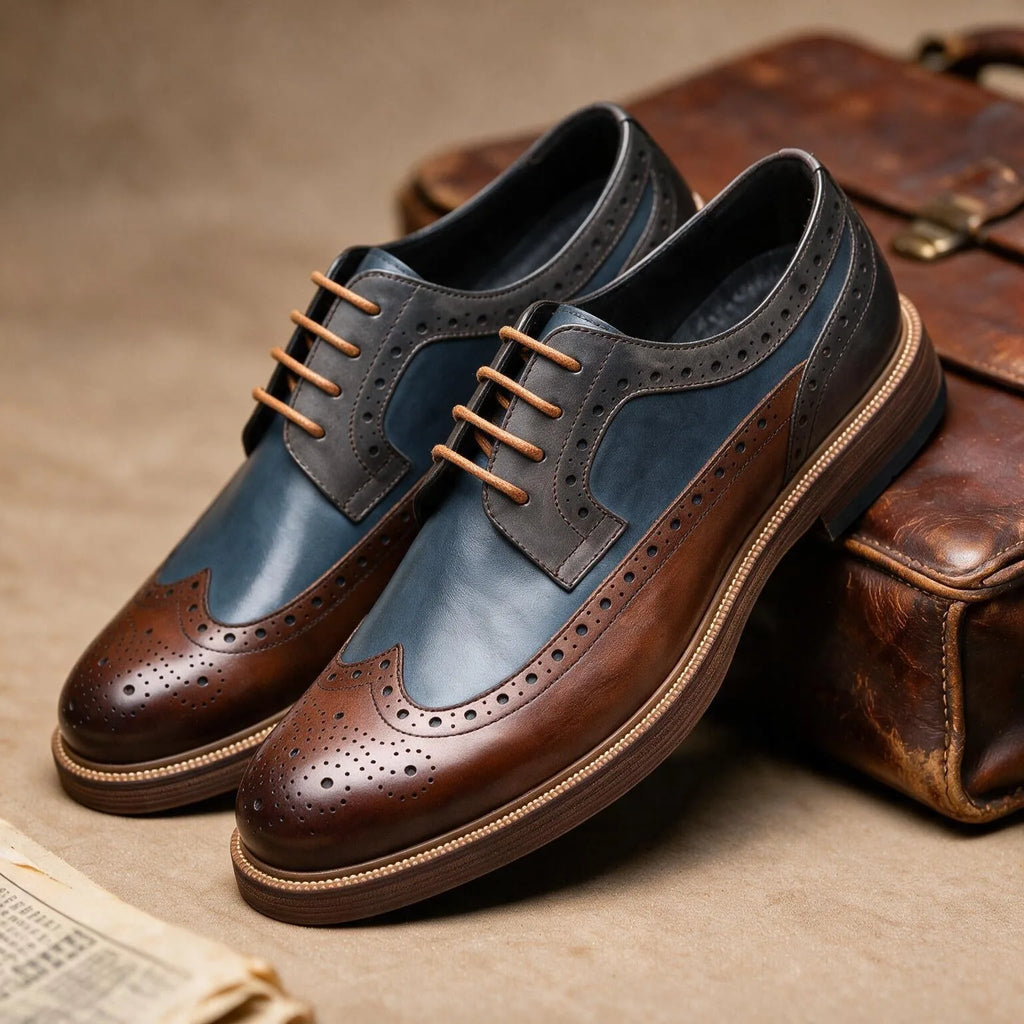 Pair of brown, navy and grey brogue derby shoes resting beside a worn leather satchel
