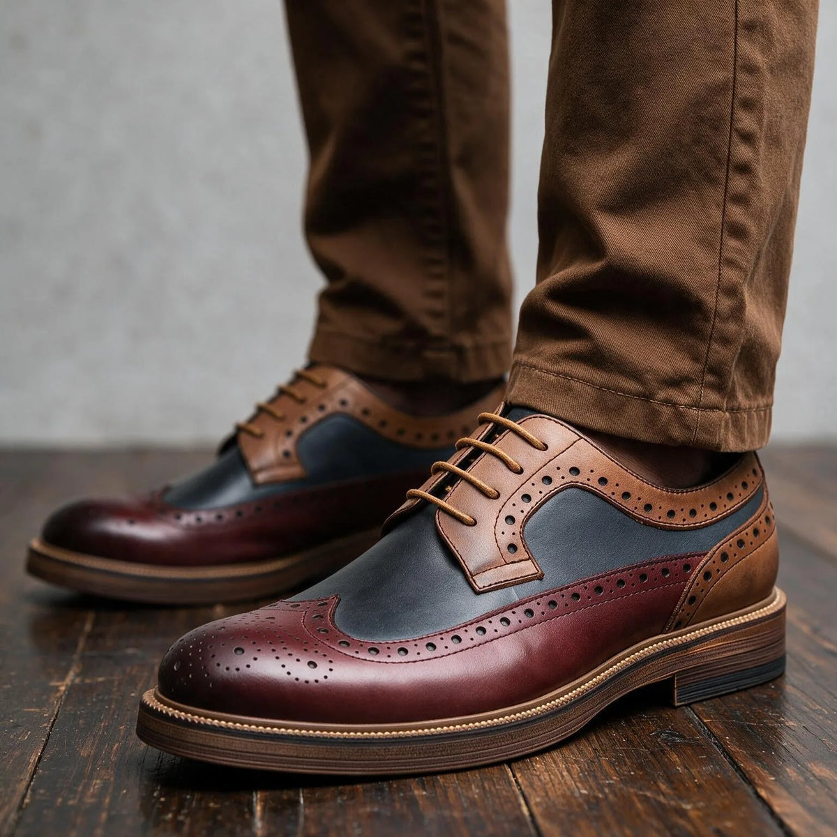 Close-up of a model wearing burgundy, navy and tan brogue derby shoes with rolled brown trousers
