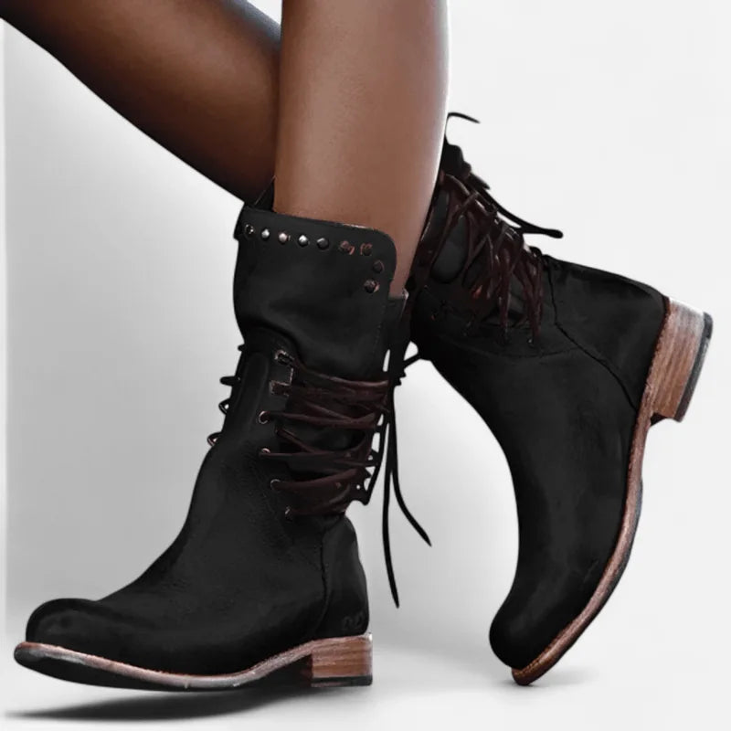 Black leather lace-up boots with stud trim shown from the side, highlighting the stacked heel and laces