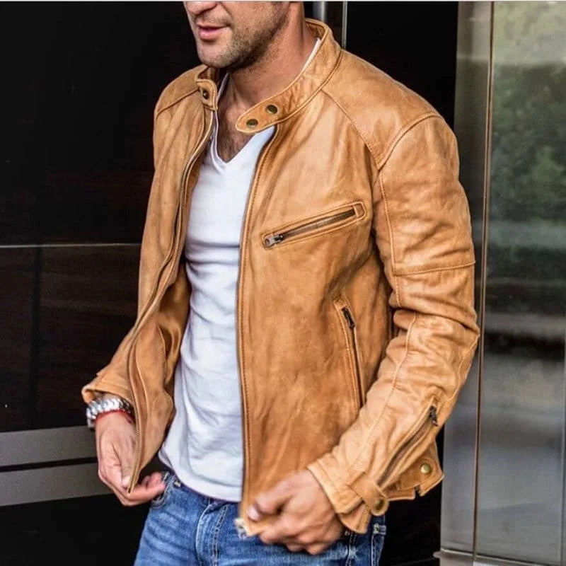 Beige leather-look jacket with stand collar and zipped side pockets, shown from the front with sleeves and cuffs visible