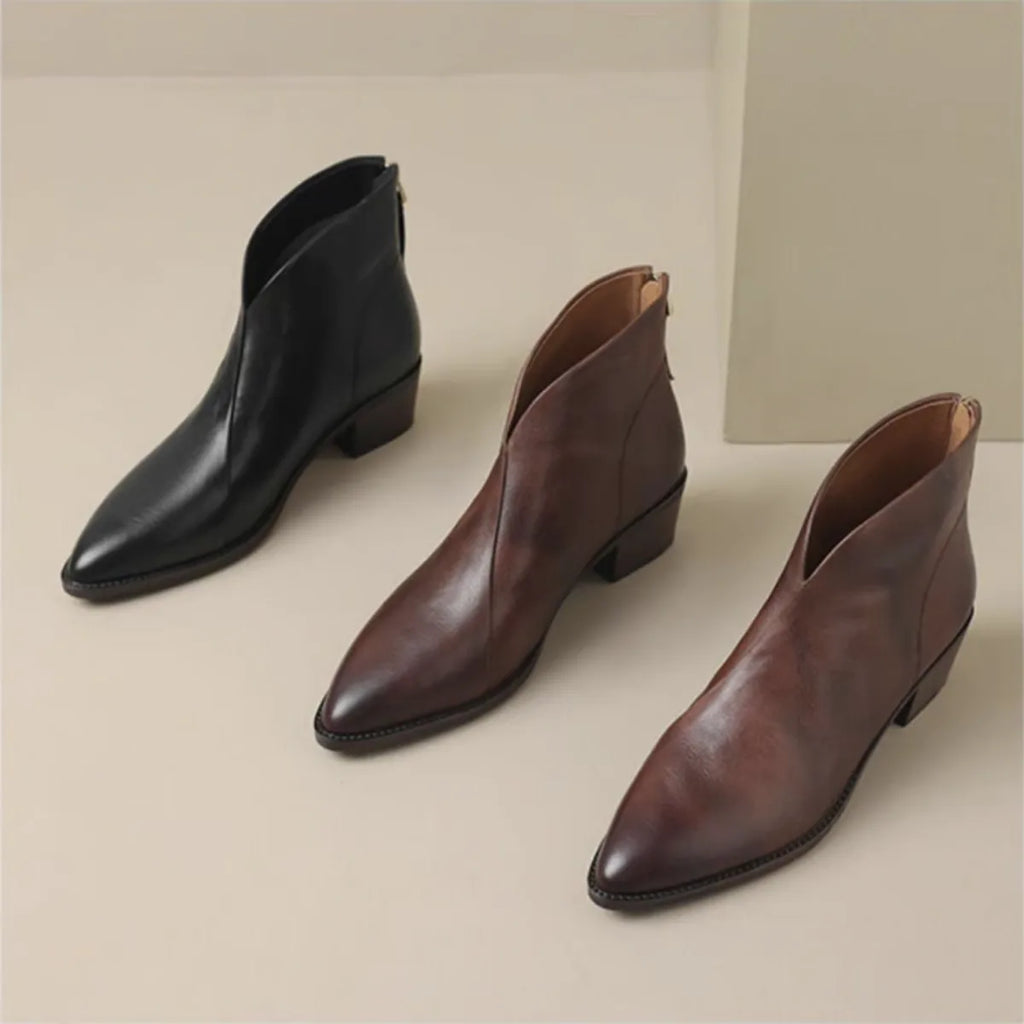 Back and side view of brown leather ankle boots with low block heel and zip closure