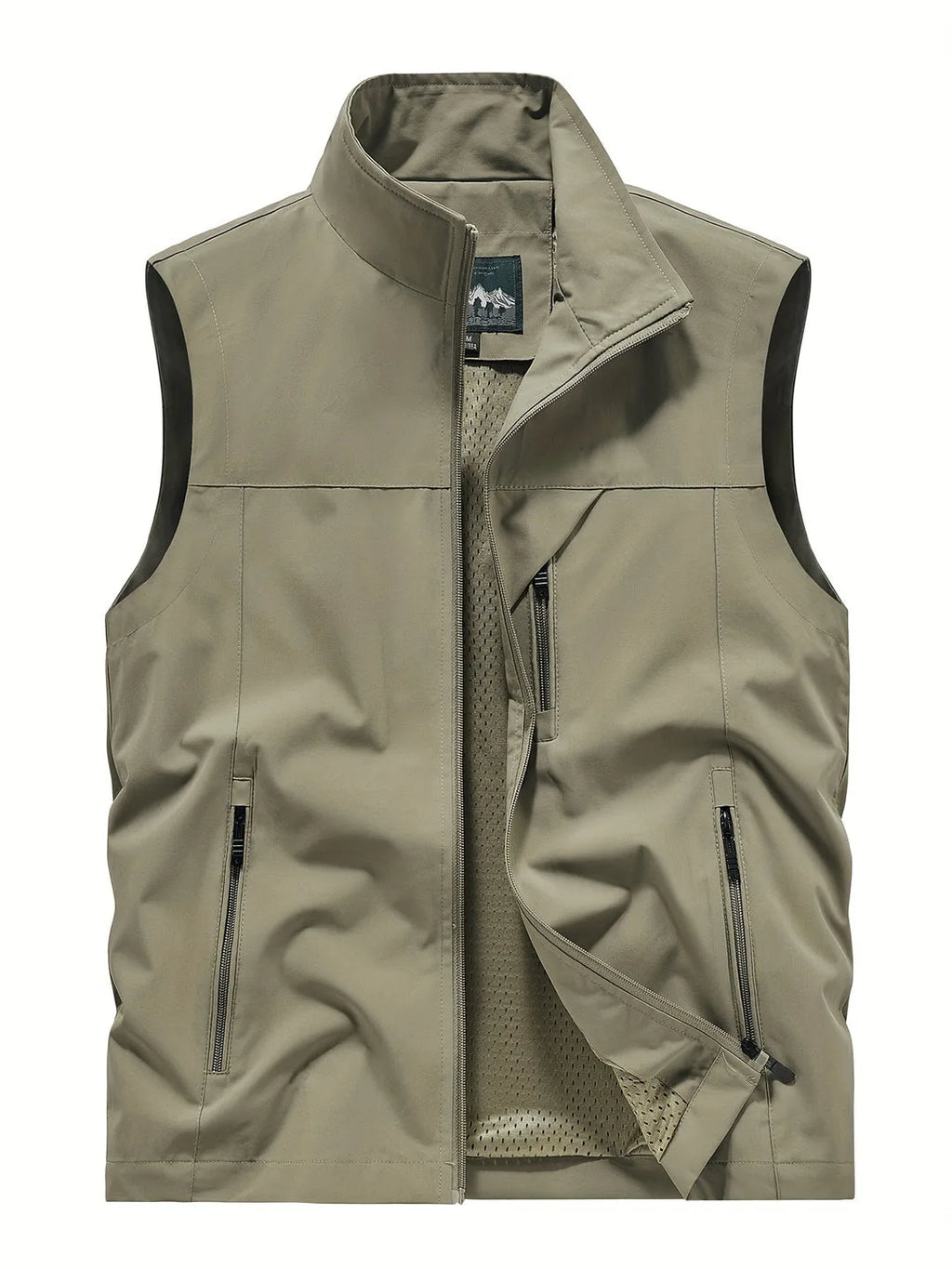 Khaki sleeveless gilet worn open, showing stand collar, zip pockets and mesh lining detail