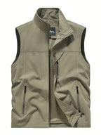 Khaki sleeveless gilet worn open, showing stand collar, zip pockets and mesh lining detail