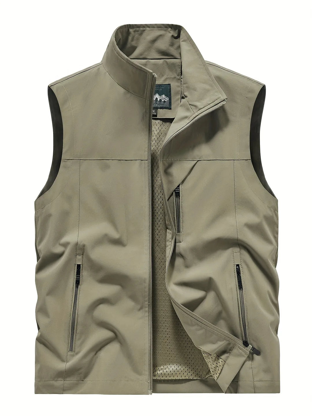 Khaki sleeveless gilet worn open, showing stand collar, zip pockets and mesh lining detail