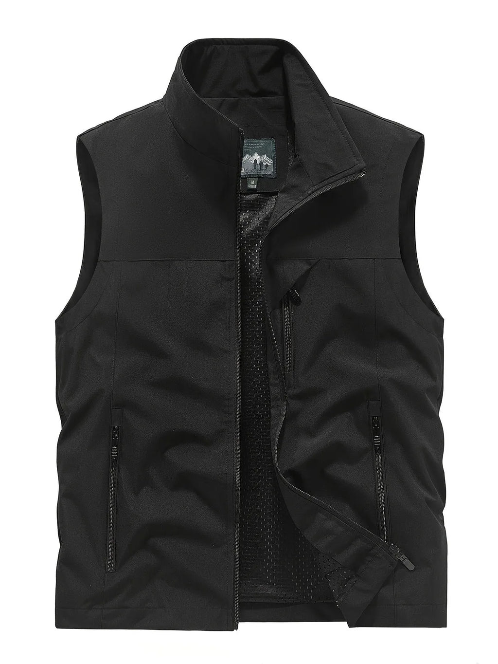 Black sleeveless gilet laid flat and unzipped, revealing breathable mesh interior and zip pockets