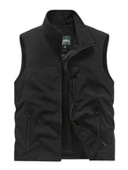 Black sleeveless gilet laid flat and unzipped, revealing breathable mesh interior and zip pockets