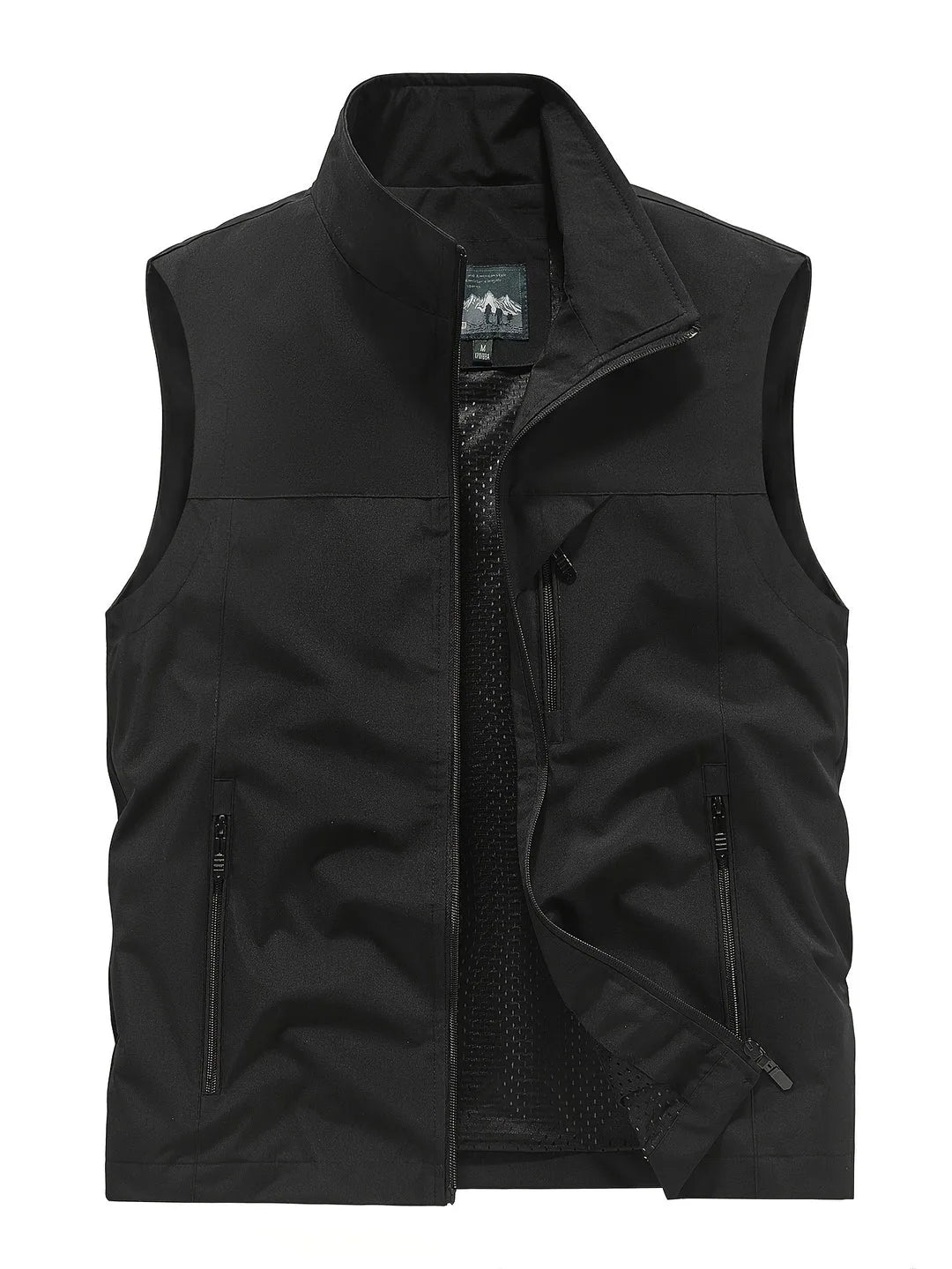 Black sleeveless gilet laid flat and unzipped, revealing breathable mesh interior and zip pockets