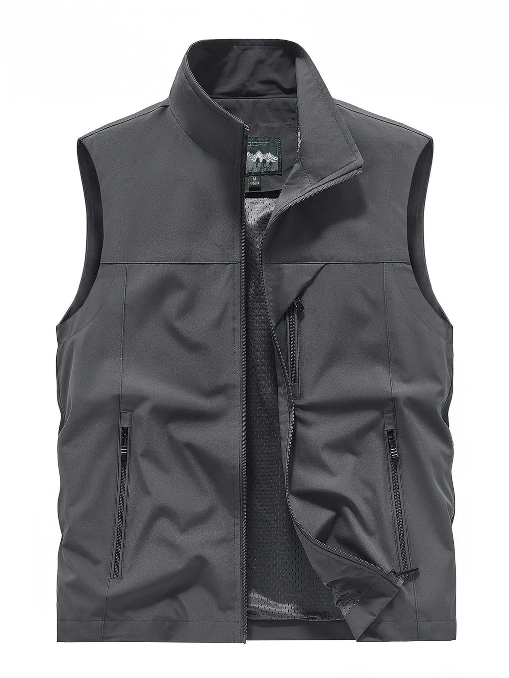 Grey sleeveless gilet laid flat with front zip open, showing regular fit and multiple pockets