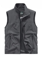 Grey sleeveless gilet laid flat with front zip open, showing regular fit and multiple pockets