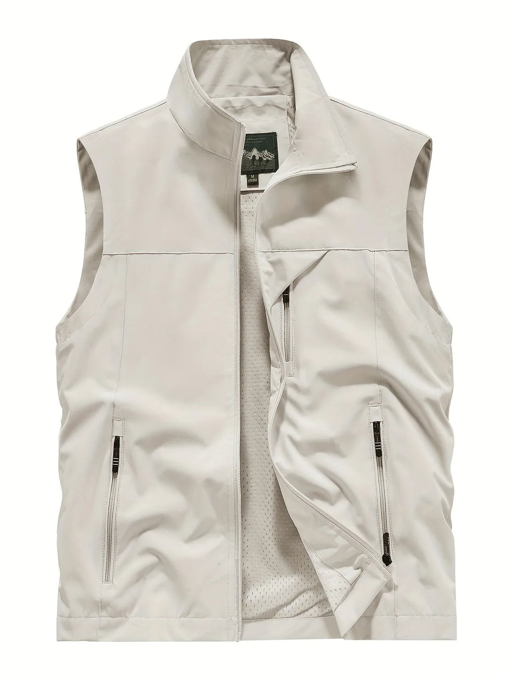 Beige sleeveless gilet laid flat, unzipped to show mesh lining and stand collar construction