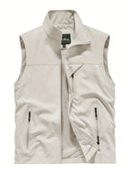 Beige sleeveless gilet laid flat, unzipped to show mesh lining and stand collar construction
