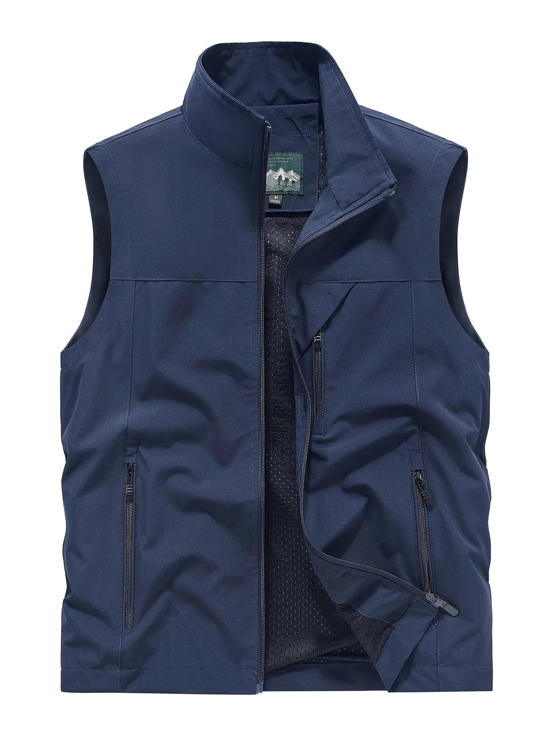 Navy blue sleeveless gilet laid flat with zip open, showing front pockets and clean tailored shape