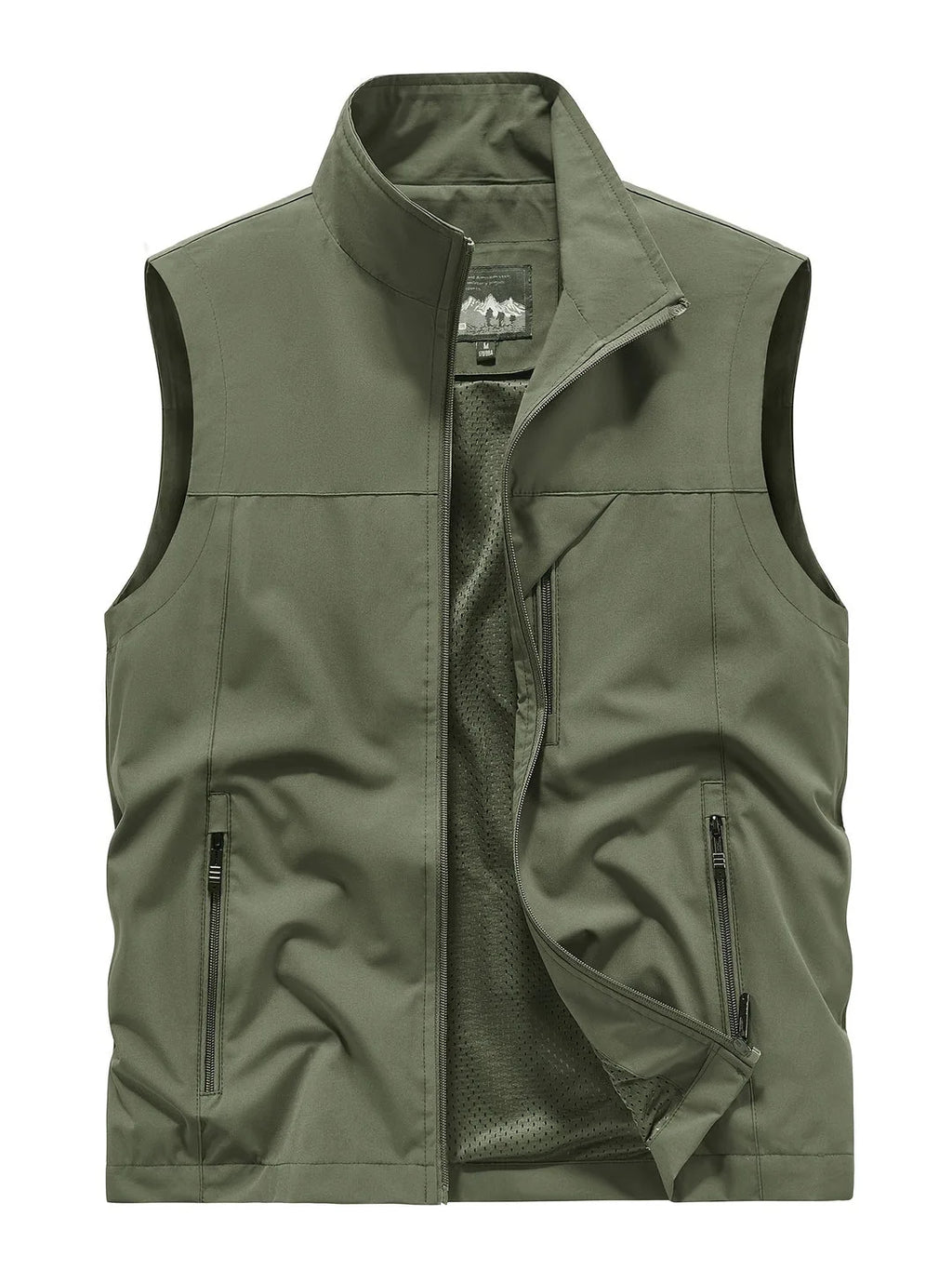 Olive green sleeveless gilet laid flat, fully buttoned collar closed, showing structured silhouette