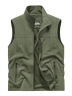 Olive green sleeveless gilet laid flat, fully buttoned collar closed, showing structured silhouette