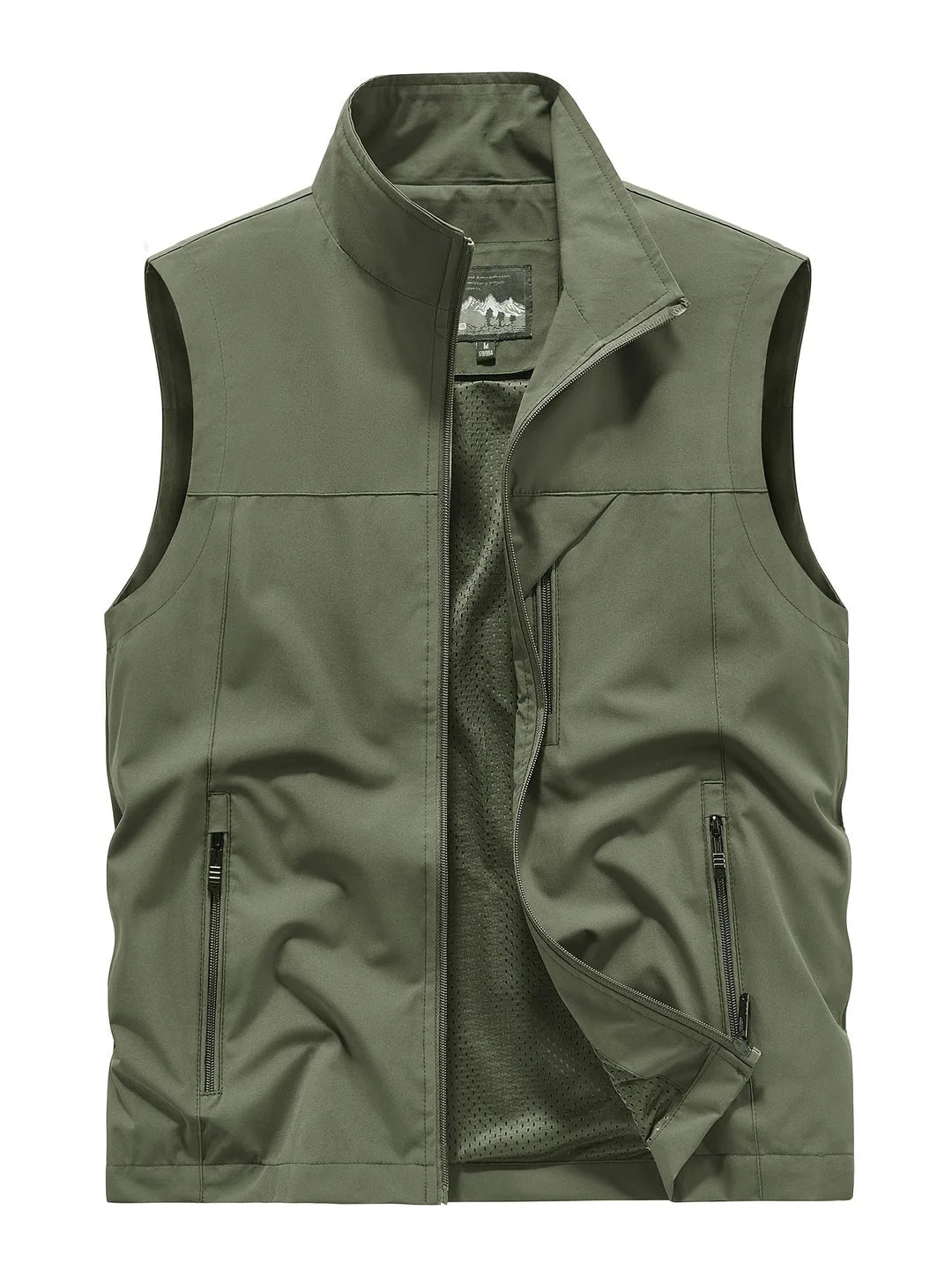 Olive green sleeveless gilet laid flat, fully buttoned collar closed, showing structured silhouette