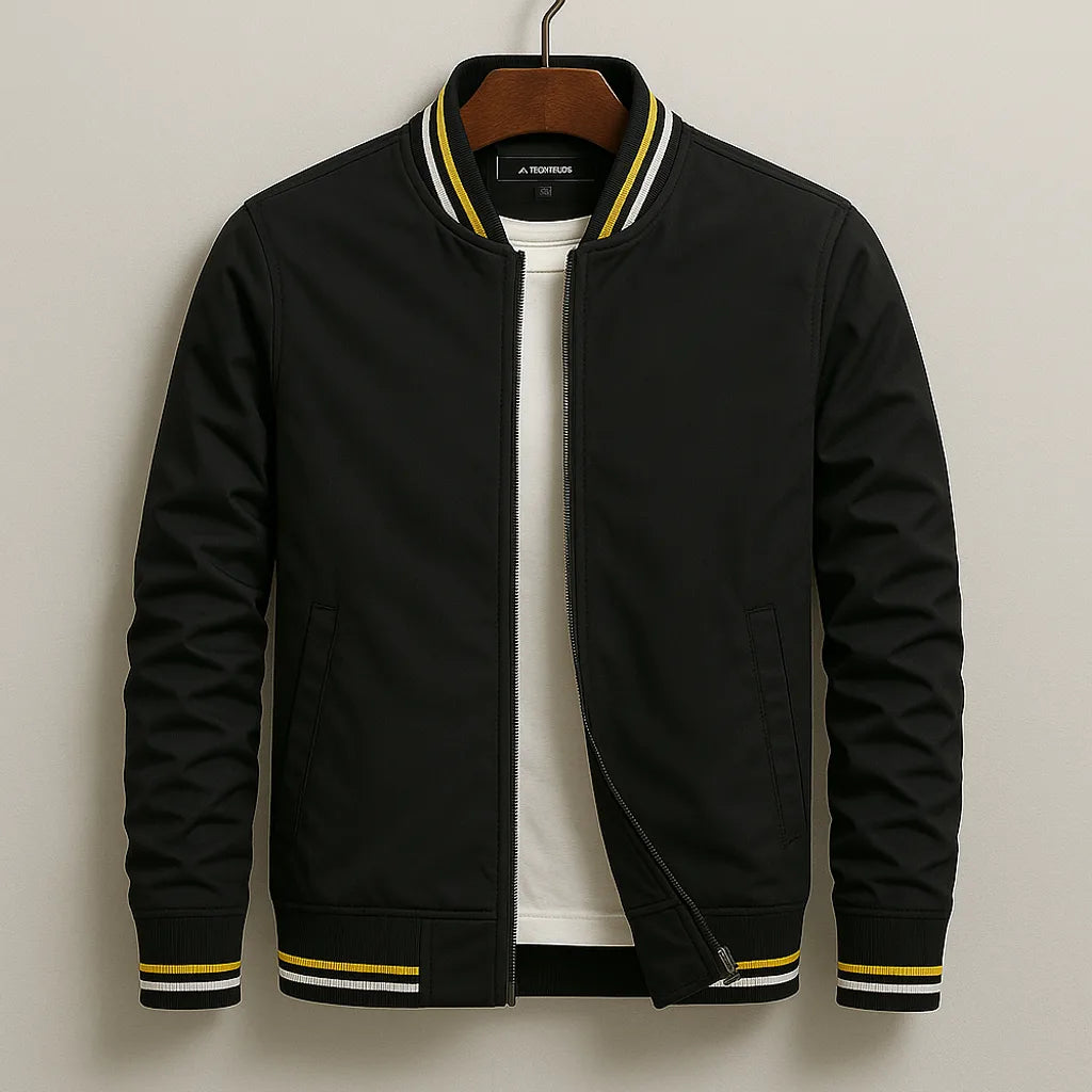 Detail view of the jacket's zip fastening and ribbed cuff with contrast stripe trim