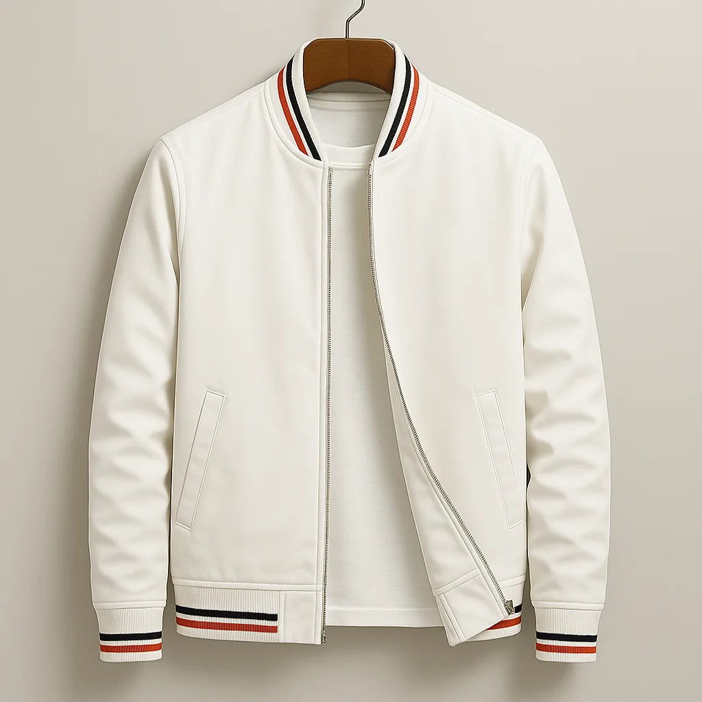 Off-white bomber jacket on a hanger with black and red striped ribbing and a layered zip front