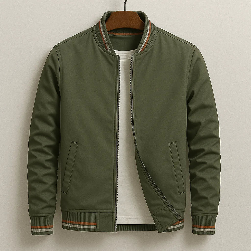 Beige bomber jacket laid flat on a hanger, highlighting the slim fit and side welt pockets