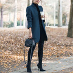 Teal blue longline tailored coat with concealed button front and structured shoulders