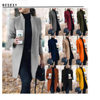 Colour swatch grid showing the longline blazer coat in grey, wine red, khaki, navy, camel, orange, black and mustard