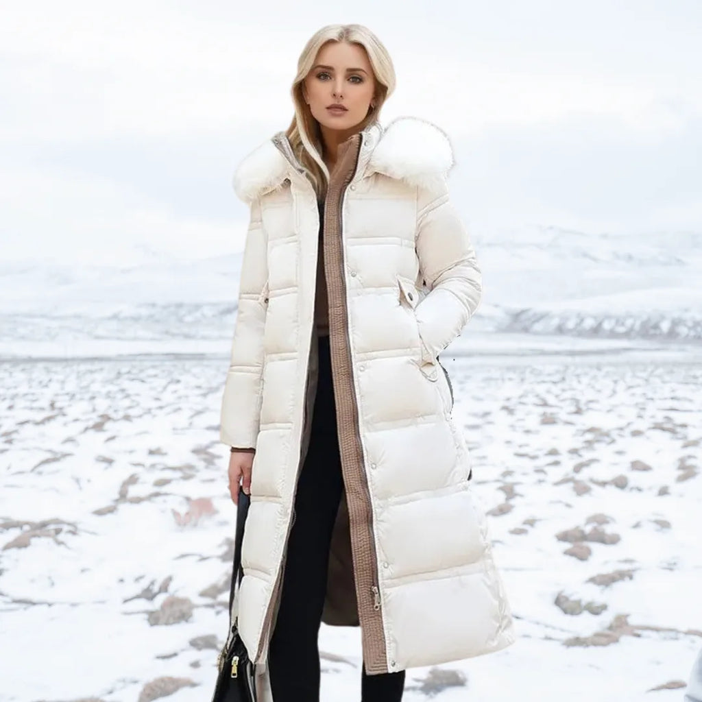 Close-up of the oversized fur collar and hood trim on the brown winter coat