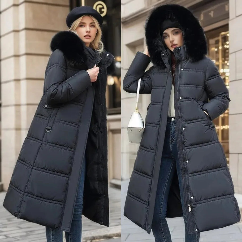Two models side by side showing front and side views of the black fur-hood puffer coat with jeans
