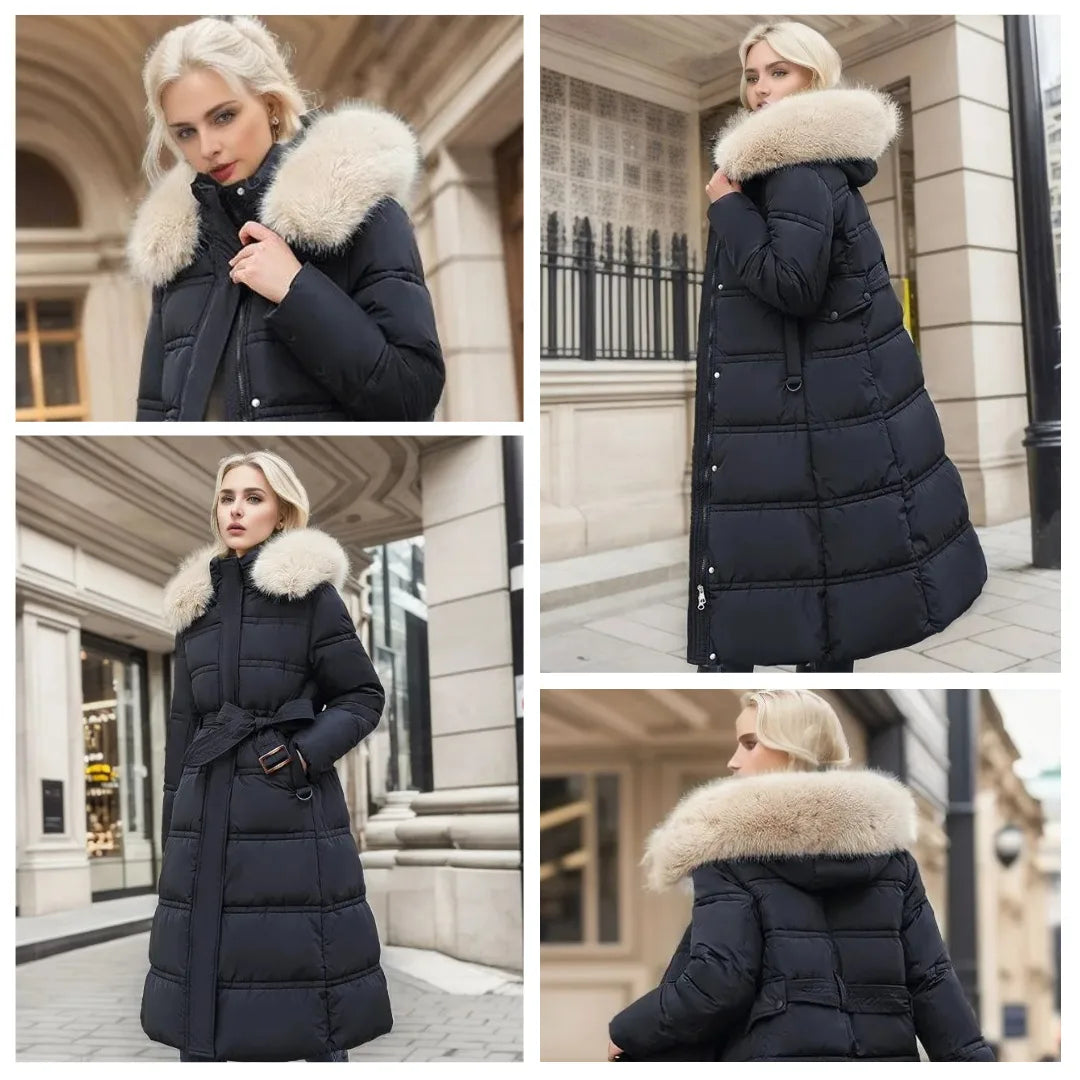 Close-up front view of the quilted brown puffer coat showing zip closure and snap button placket