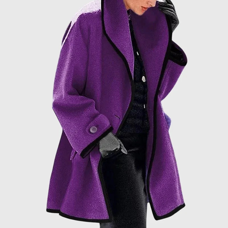Purple shawl collar coat with black trim detail, shown open with set-in side pocket visible