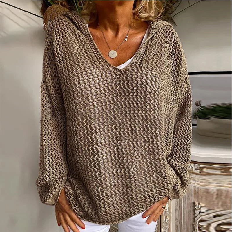 Four colourway grid showing the open-knit hooded jumper in khaki, yellow, red and green