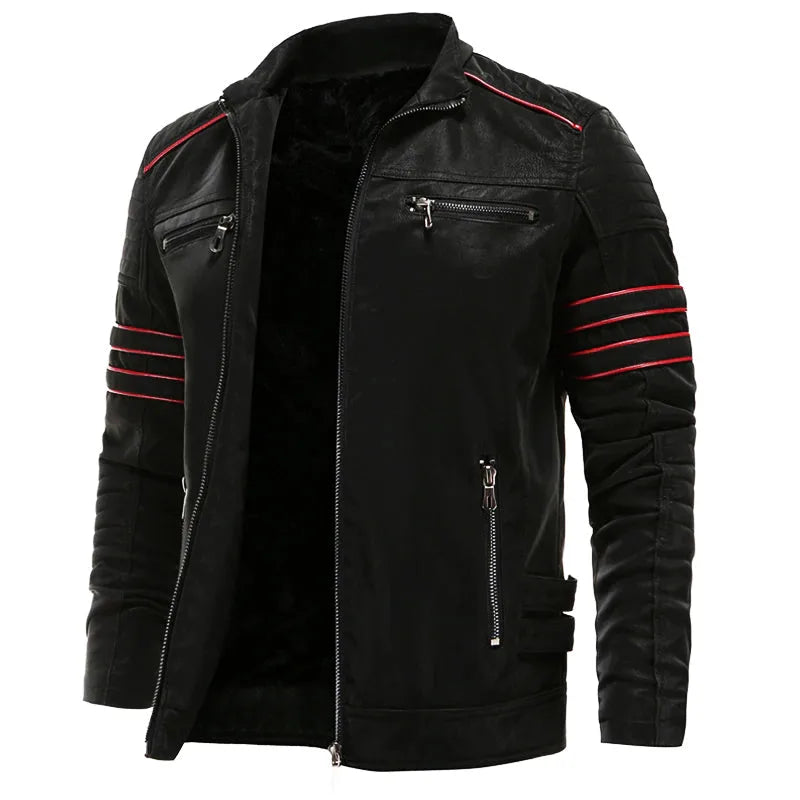 Front view of black faux leather biker jacket with red piped stripes, zip pockets and stand collar, worn open over bare chest