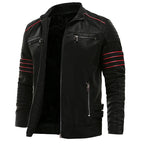 Front view of black faux leather biker jacket with red piped stripes, zip pockets and stand collar, worn open over bare chest