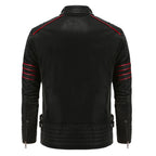 Back view of the black leather jacket showing quilted shoulder panels and red striped detailing on both sleeves