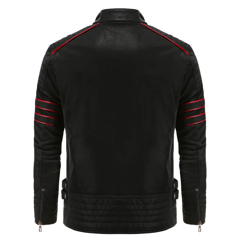 Back view of the black leather jacket showing quilted shoulder panels and red striped detailing on both sleeves