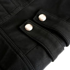 Detail shot of the twin press-stud tab fastenings on the jacket's waist panel
