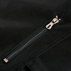 Macro detail of a metal zip pocket fastener on the black leather jacket