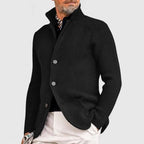 Black ribbed knit button-front cardigan with stand collar and long sleeves, front view