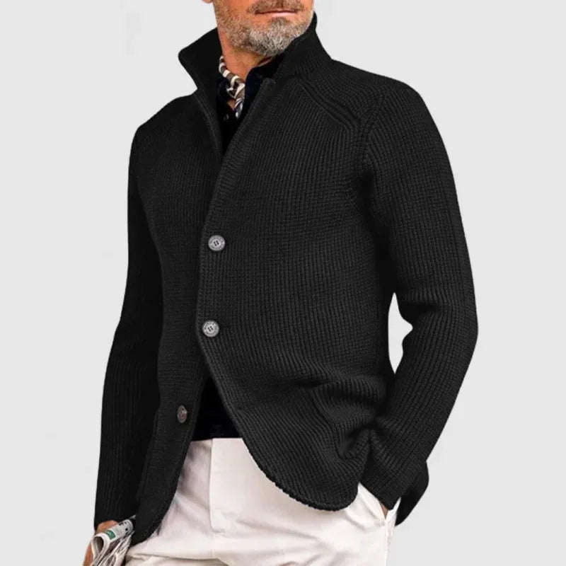 Black ribbed knit button-front cardigan with stand collar and long sleeves, front view