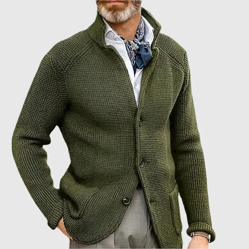 Olive green textured knit cardigan with stand collar and button placket, front view